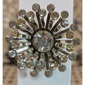 Vintage Starburst Clear Rhinestones & Silver Tone Costume Round Brooch Pin